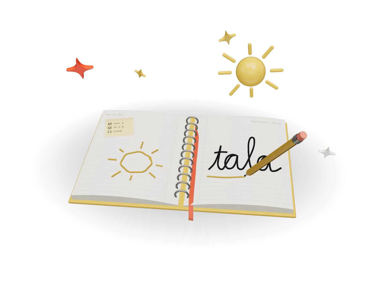 Tala as a desk: an open notebook with “tala” handwritten, a pencil, and a sun